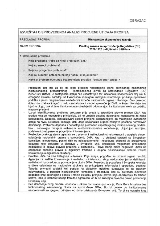 RIA (DMA) Nacrt Zakona za sprovođenje Regulative (EU) 2022/1925 o digitalnim tržištima