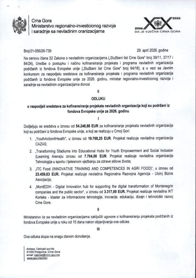 II ODLUKA o raspodjeli sredstava za kofinansiranje projekata nevladinih organizacija koji su podržani iz fondova Evropske unije za 2026. godinu