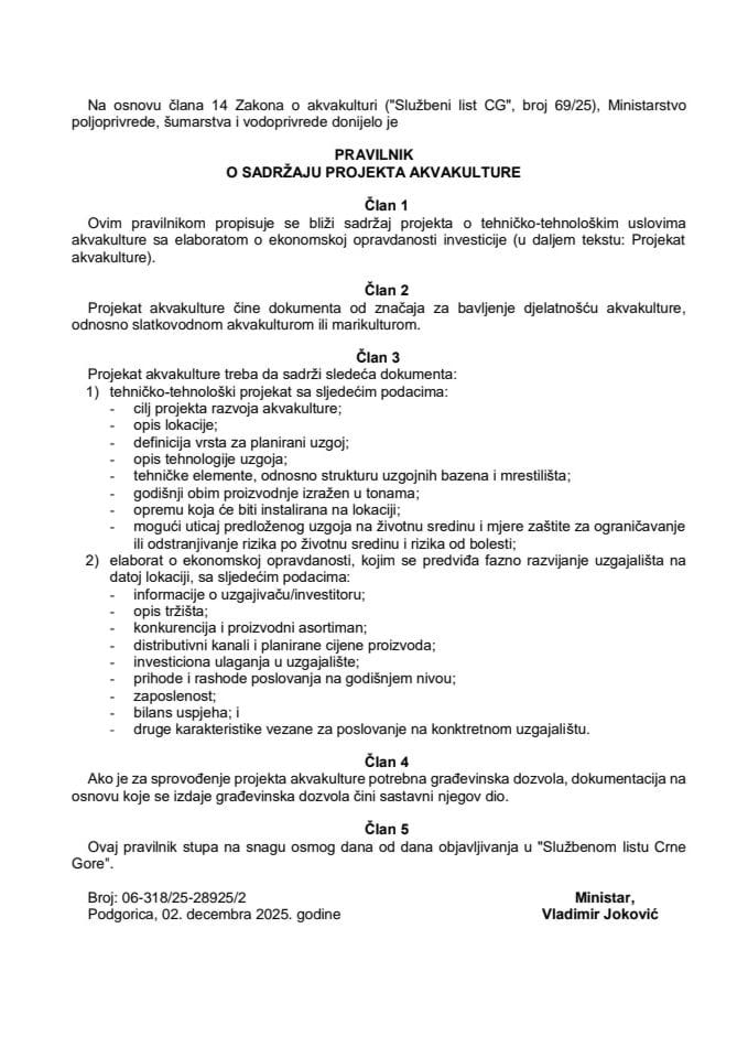 Pravilnik o sadržaju projekta akvakulture