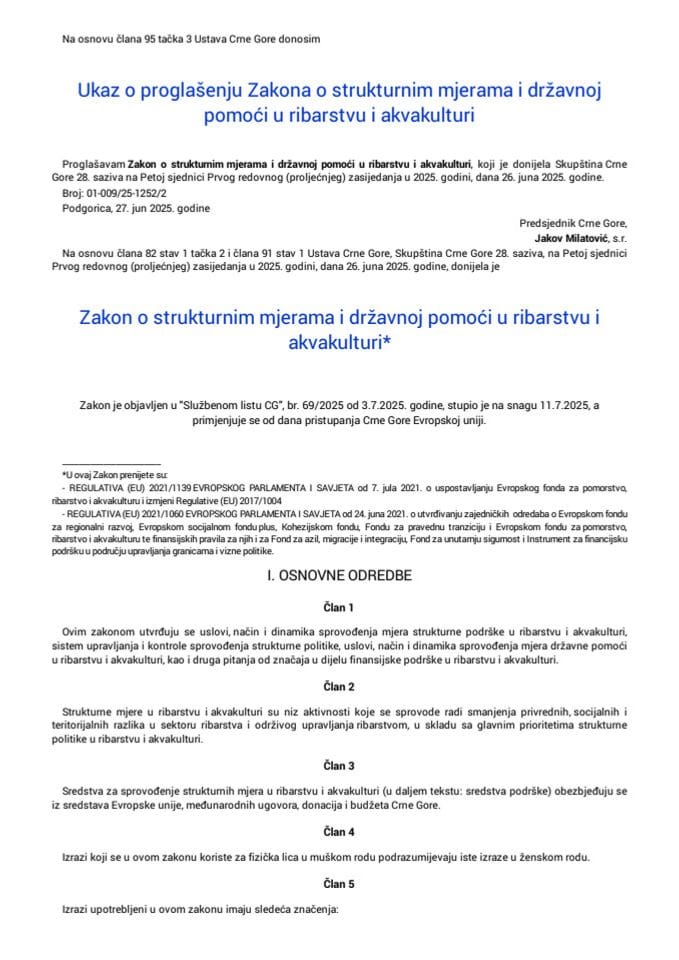 Zakon o strukturnim mjerama i drzavnoj pomoci u ribarstvu i akvakulturi