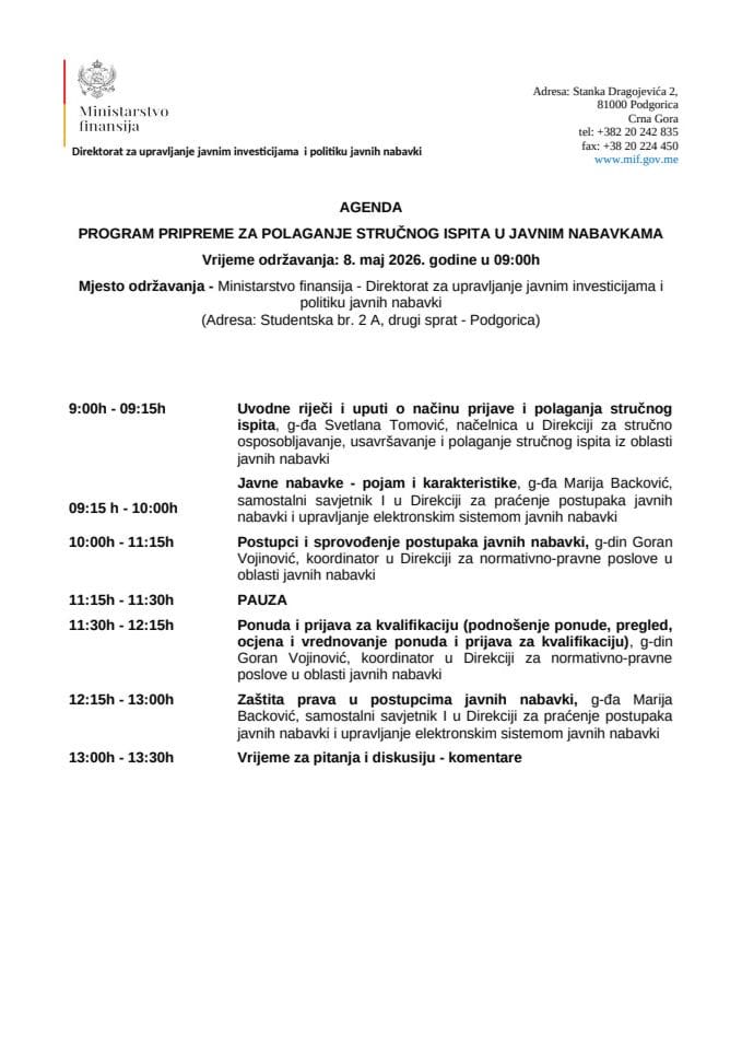 Agenda 8. maj 2026. godine