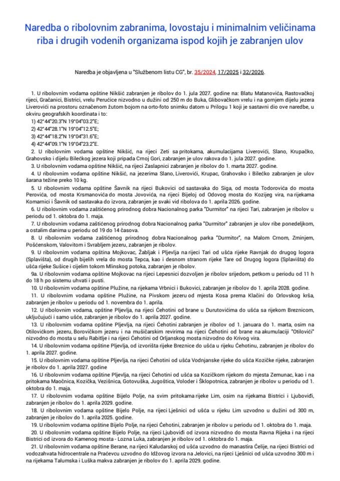 Naredba o ribolovnim zabranima, lovostaju i minimalnim veličinama riba i drugih vodenih organizama ispod kojih je zabranjen ulov