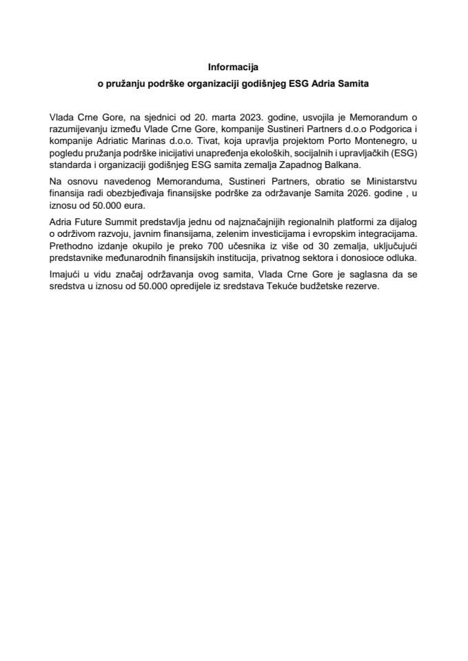 Informacija o pružanju podrške organizaciji godišnjeg ESG Adria Samita