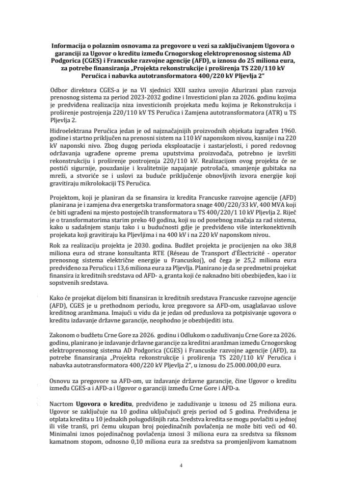 Informacijia o polaznim osnovama za pregovore u vezi sa zaključivanjem Ugovora o garanciji za Ugovor o kreditu između Crnogorskog elektroprenosnog sistema AD Podgorica (CGES) i Francuske razvojne agencije (AFD)