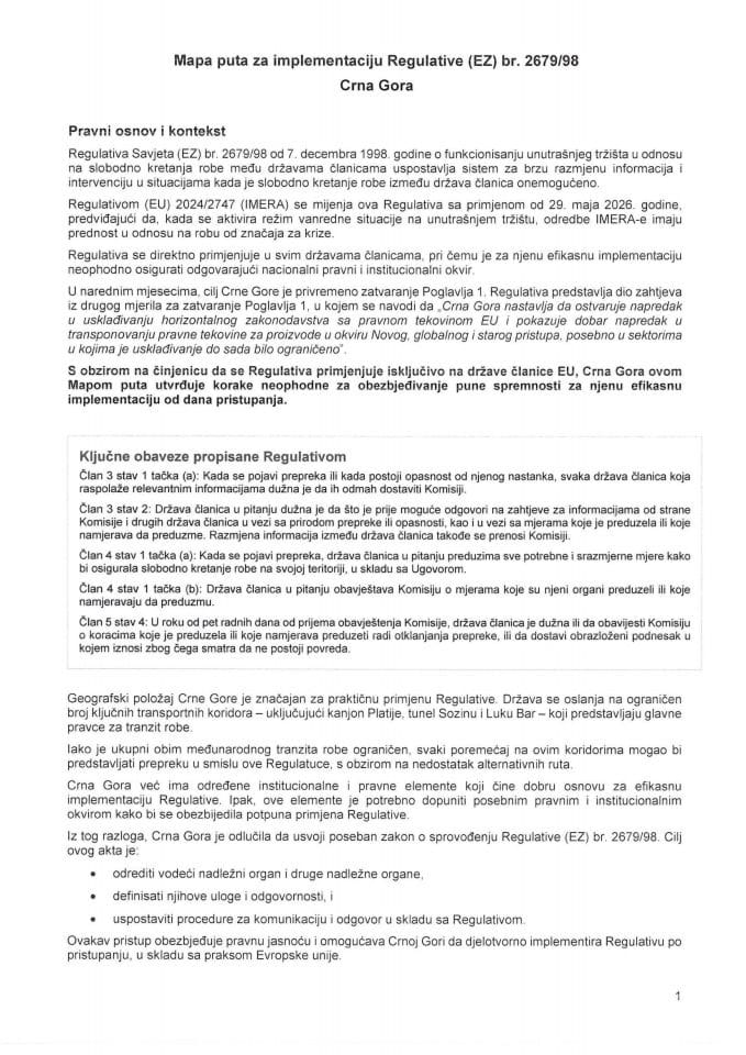 Predlog mape puta za implementaciju Regulative (EU) 2679/98
