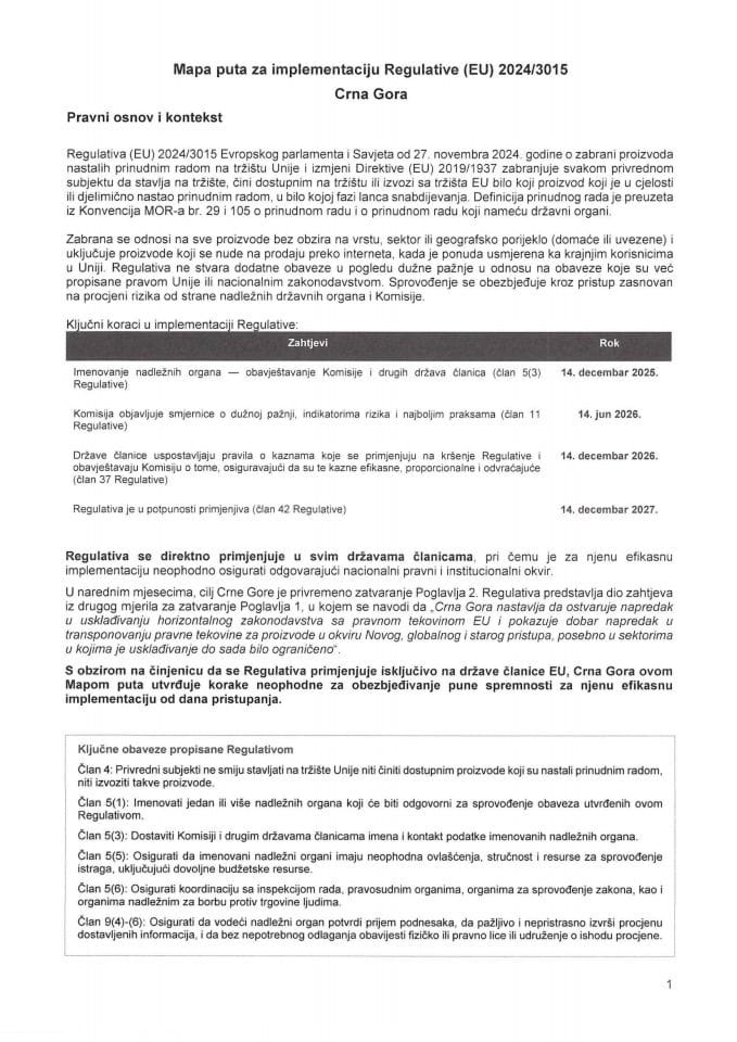 Predlog mape puta za implementaciju Regulative (EU) 2024/3015