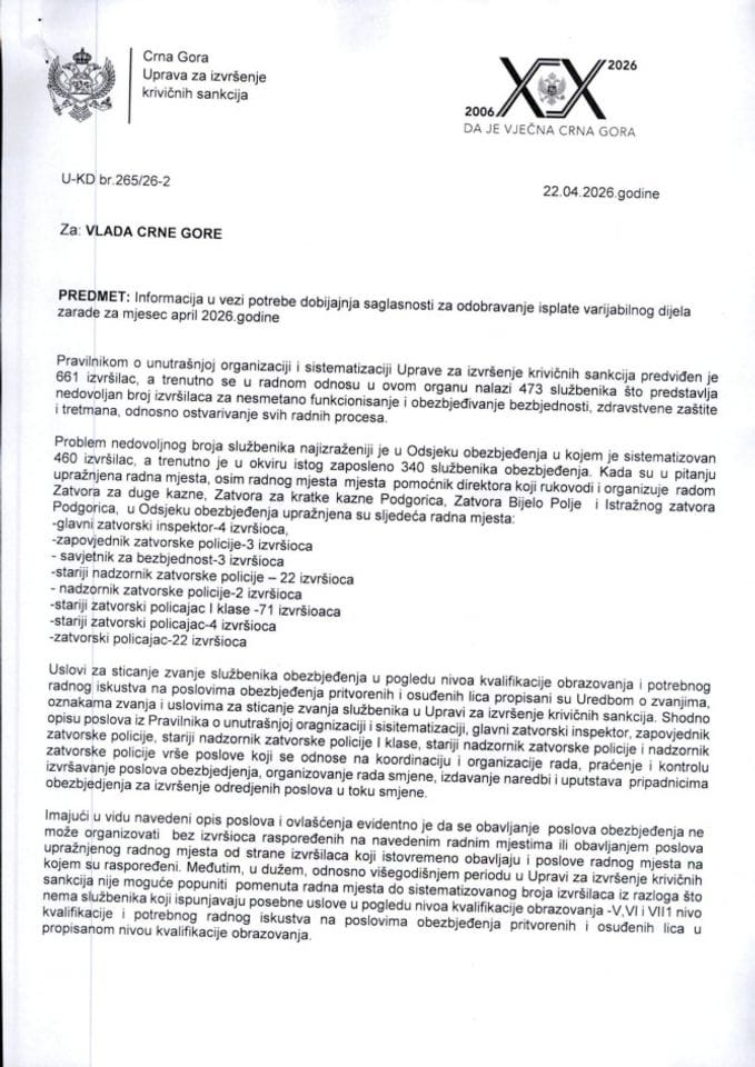 Informacija u vezi davanja saglasnosti za odobrenje isplate varijabilnog dijela zarade za mjesec april 2026. godine Upravi za izvršenje krivičnih sankcija