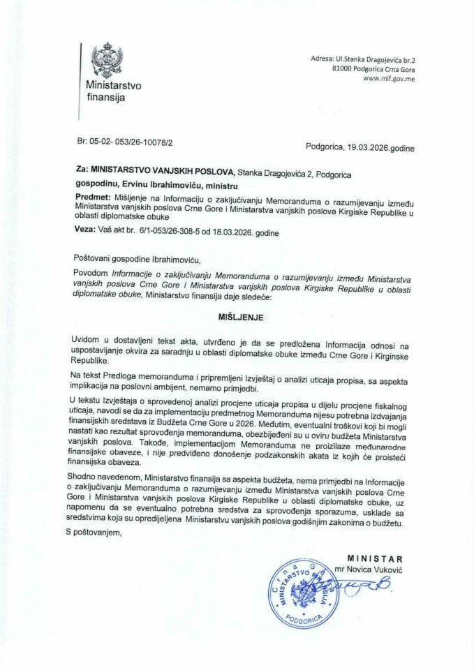 Mišljenje na Informaciju o zaključivanju Memoranduma o razumijevanju između Ministarstva vanjskih poslova Crne Gore i Ministarstva vanjskih poslova Kirgiske Republike u oblasti diplomatske obuke