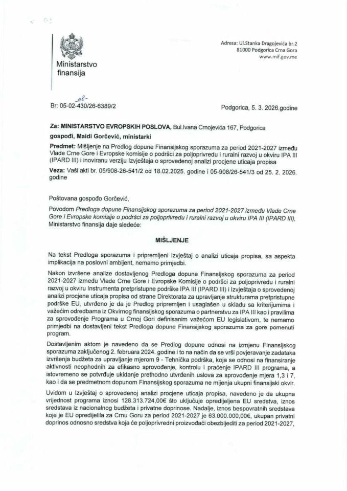 Mišljenje na Predlog dopune Finansijskog sporazuma za period 2021-2027 između Vlade Crne Gore i Evropske komisije o podršci za poljoprivredu i ruralni razvoj