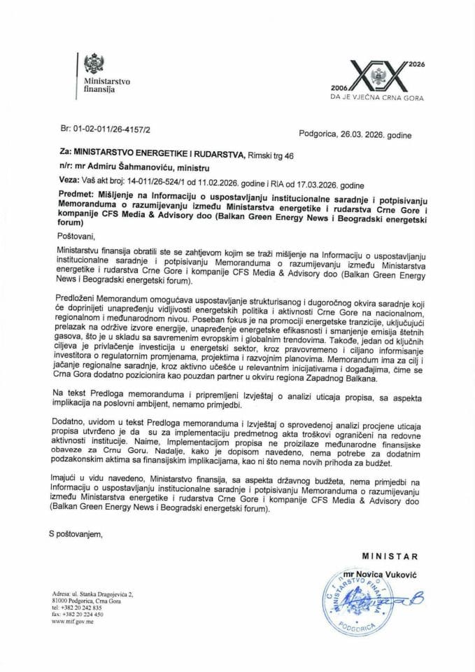 Mišljenje na Informaciju o uspostavljanju institucionalne saradnje i potpisivanju Memoranduma o razumijevanju između Ministarstva energetike i rudarstva Crne Gore i kompanije CFS Media