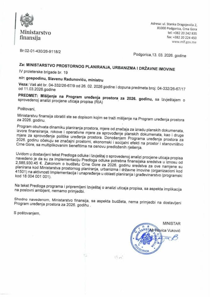 Mišljenje na Program uređenja prostora za 2026. godinu