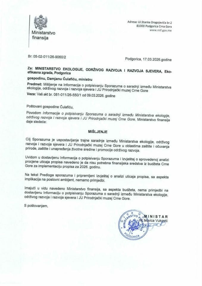 Mišljenje na Informaciju o potpisivanju Sporazuma o saradnji između Ministarstva ekologije, održivog razvoja i razvoja sjevera i JU Prirodnjački muzej Crne Gore
