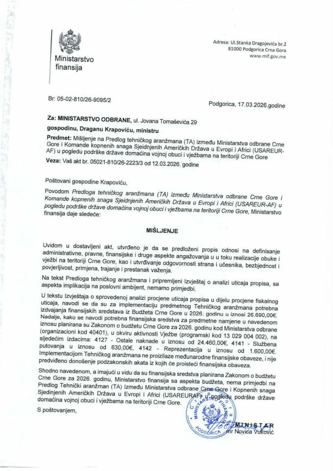 Mišljenje na Predlog tehničkog aranžmana (TA) između Ministarstva odbrane Crne Gore i Komande kopnenih snaga SAD u Evropi i Africi