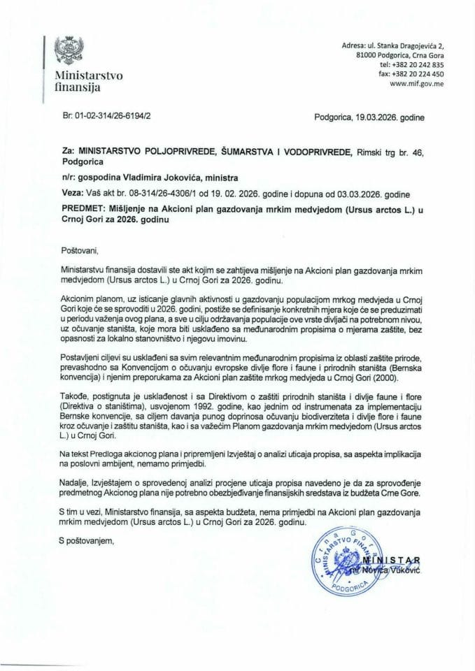 Mišljenje na Akcioni plan gazdovanja mrkim medvjedom