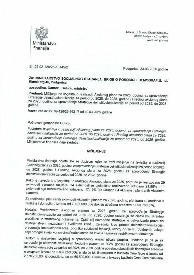 Mišljenje na Izvještaj o realizaciji Akcionog plana za 2025. godinu za sprovođenje Strategije deinstitucionalizacije za period od 2025. do 2028. godine i Predlog akcionog plana za 2026. godinu