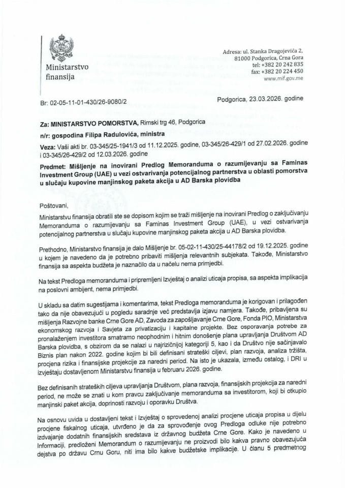 Mišljenje na inovirani Predlog Memoranduma o razumijevanju sa Faminas Investment Group (UAE)