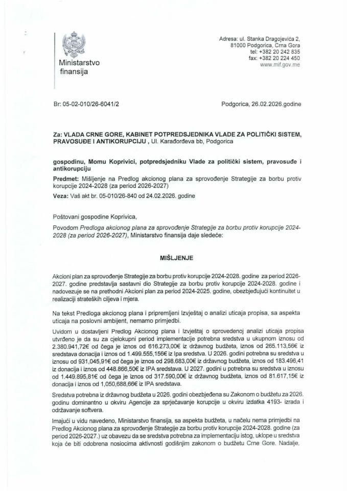 Mišljenje na Predlog akcionog plana za sprovođenje Strategije za borbu protiv korupcije 2024-2028
