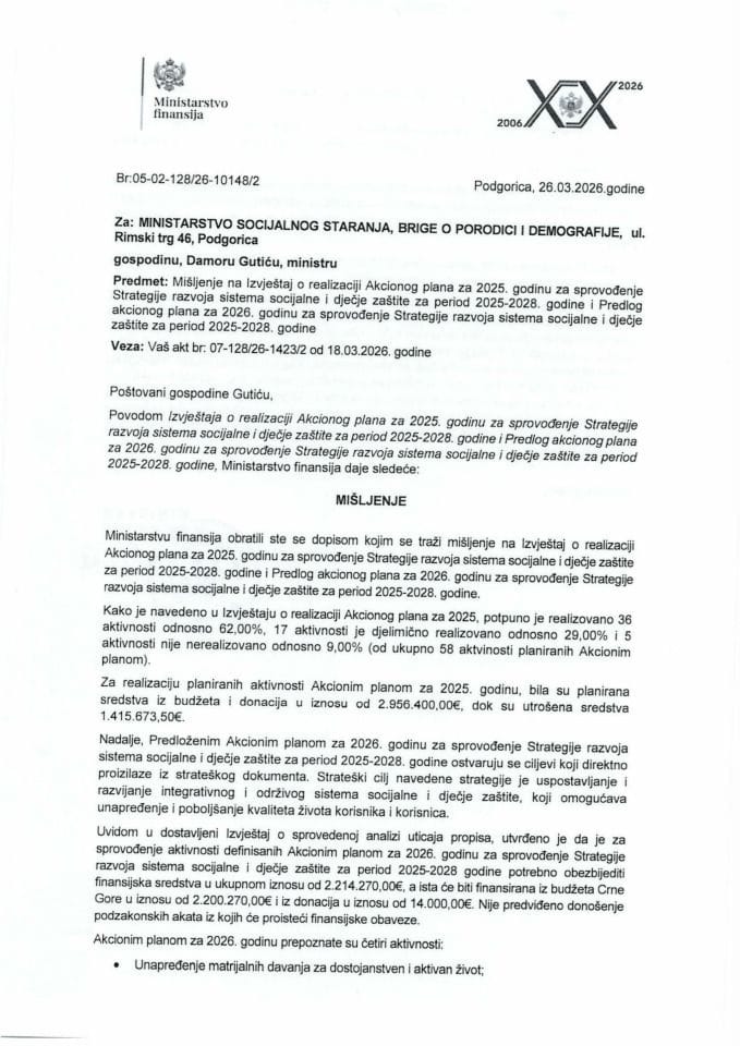 Mišljenje na Izvještaj o realizaciji Akcionog plana za 2025. godinu za sprovođenje Strategije razvoja sistema socijalne i dječje zaštite