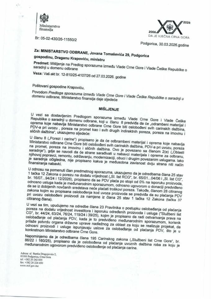 Mišljenje na Predlog sporazuma između Vlade Crne Gore i Vlade Češke Republike o saradnji u domenu odbrane
