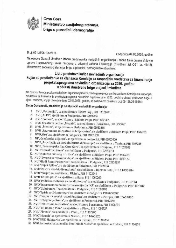 Lista NVO 2026 drustvena briga o djeci i mladima