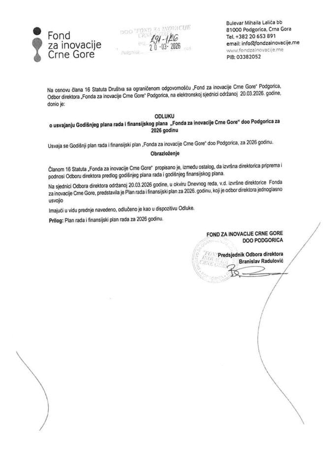 Godišnji plan rada i Finansijski plan za 2026. godinu Fonda za inovacije Crne Gore