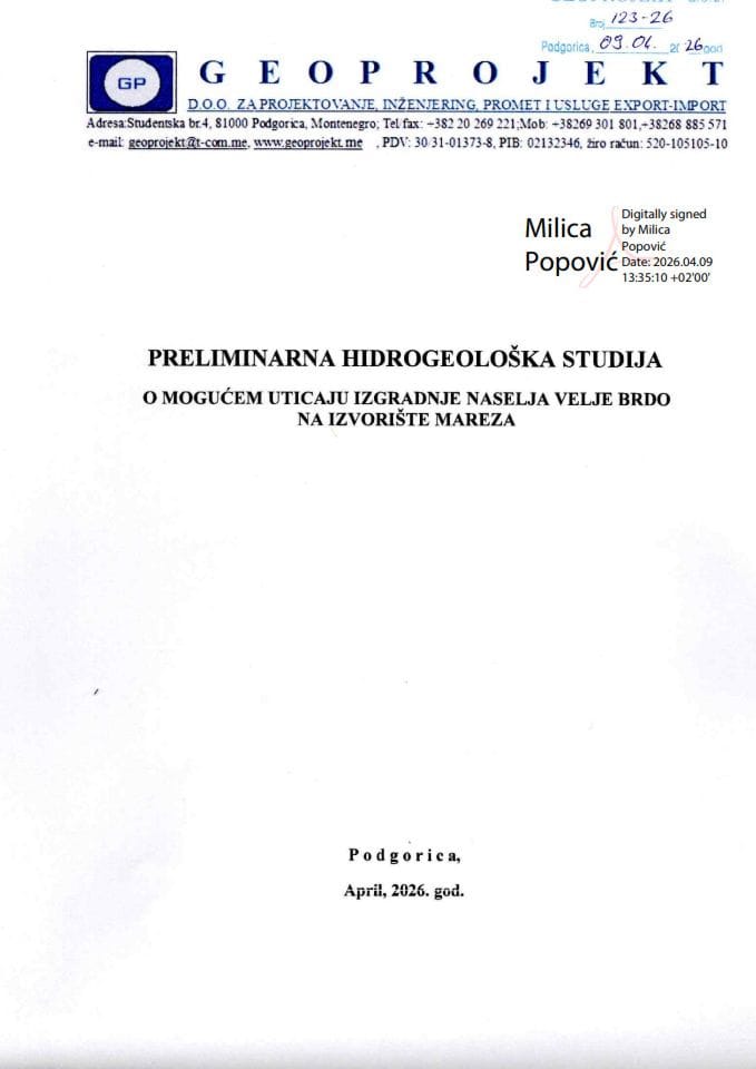 Preliminarna hidrogeološka studija o potencijalnim lokacijama novih izvorišta za vodosnabdijevanje na području Podgorice