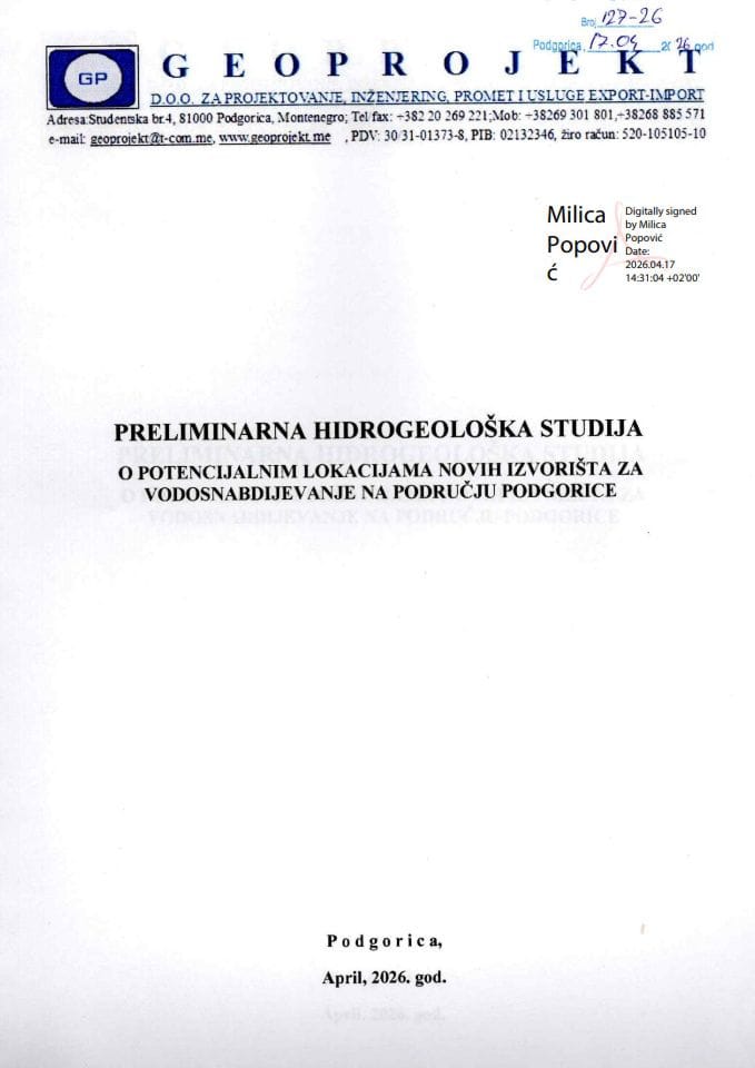 Preliminarna hidrogeološka studija o mogućem uticaju izgradnje naselja Velje brdo na izvorište Mareza