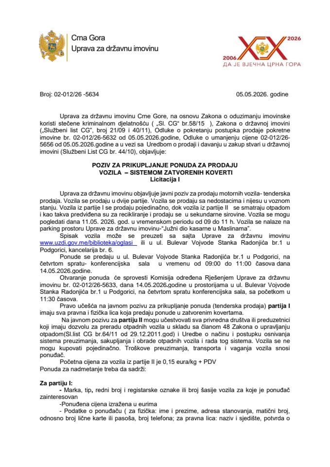 POZIV ZA PRIKUPLJANJE PONUDA ZA PRODAJU VOZILA