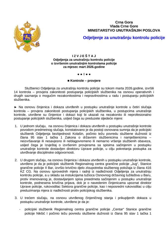 Izvještaj o postupanju po kontrolama i pritužbama za mart 2026.