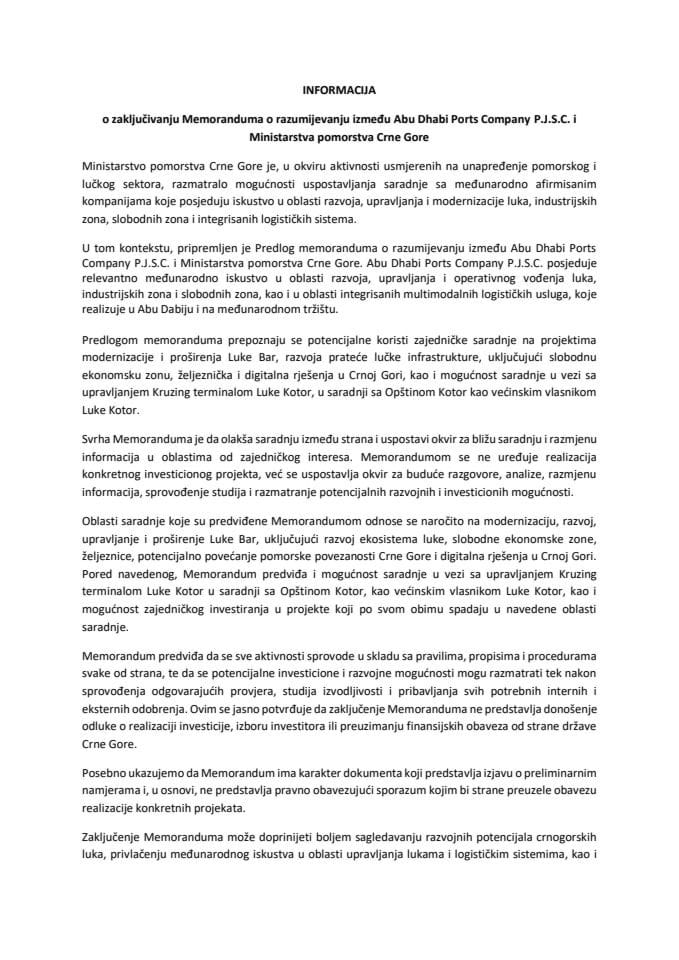 Informacija o zaključivanju Memoranduma o razumijevanju između Abu Dhabi Ports Company P.J.S.C. i Ministarstva pomorstva Crne Gore s Predlogom memoranduma