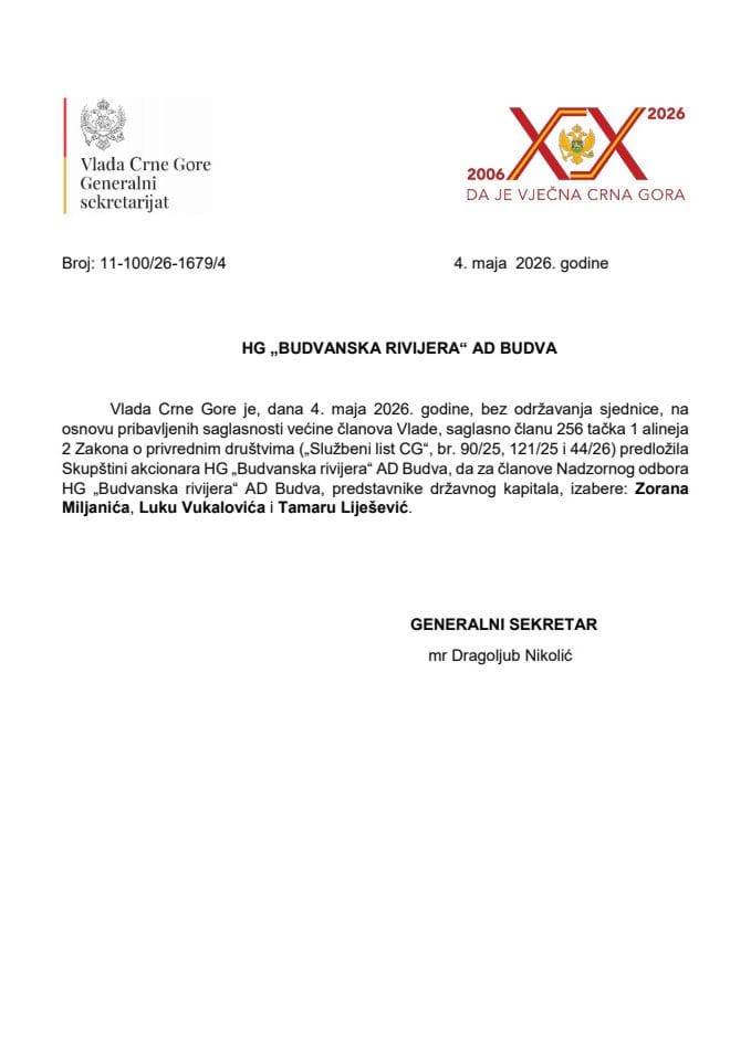 Predlog za izbor članova Nadzornog odbora HG „Budvanska rivijera“ AD Budva
