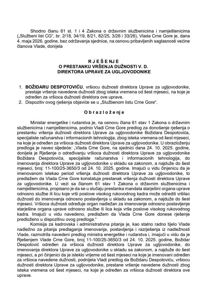 Predlog za prestanak vršenja dužnosti v. d. direktora Uprave za ugljovodonike
