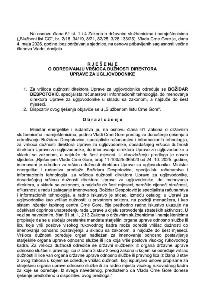 Predlog za određivanje vršioca dužnosti direktora Uprave za ugljovodonike