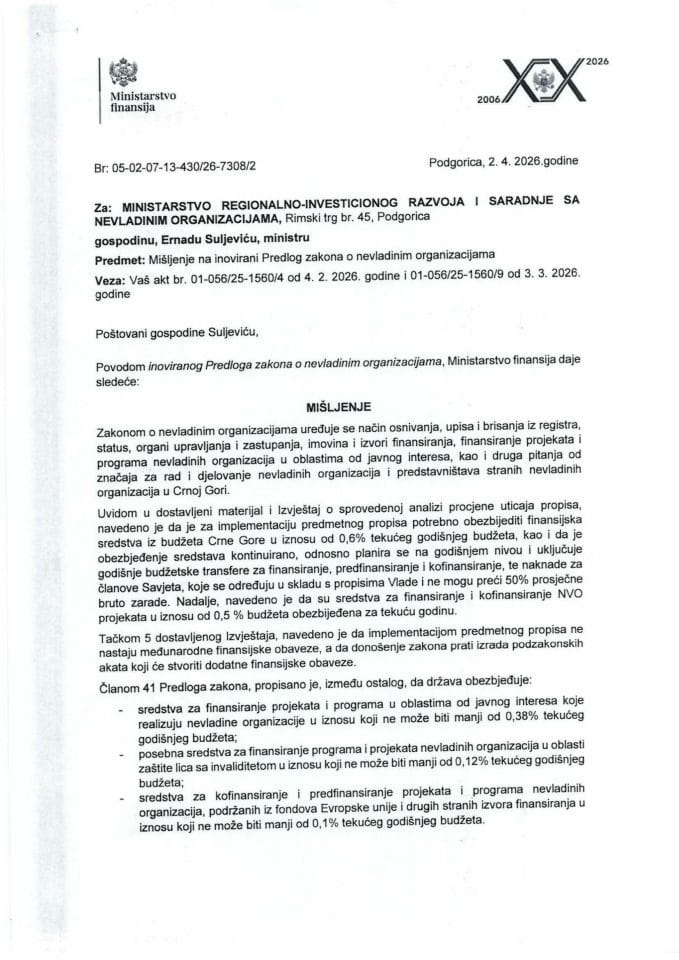 Mišljenje na Predlog zakona o nevladinim organizacijama