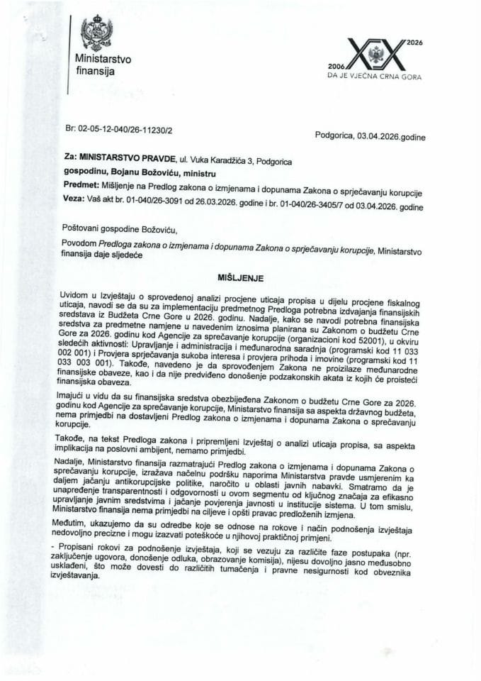 Mišljenje na Predlog zakona o izmjenama i dopunama Zakona o sprječavanju korupcije