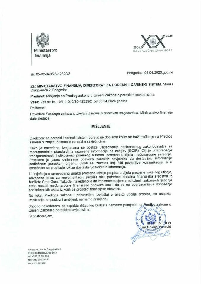 Mišljenje na Predlog zakona o izmjeni Zakona o poreskim savjetnicima