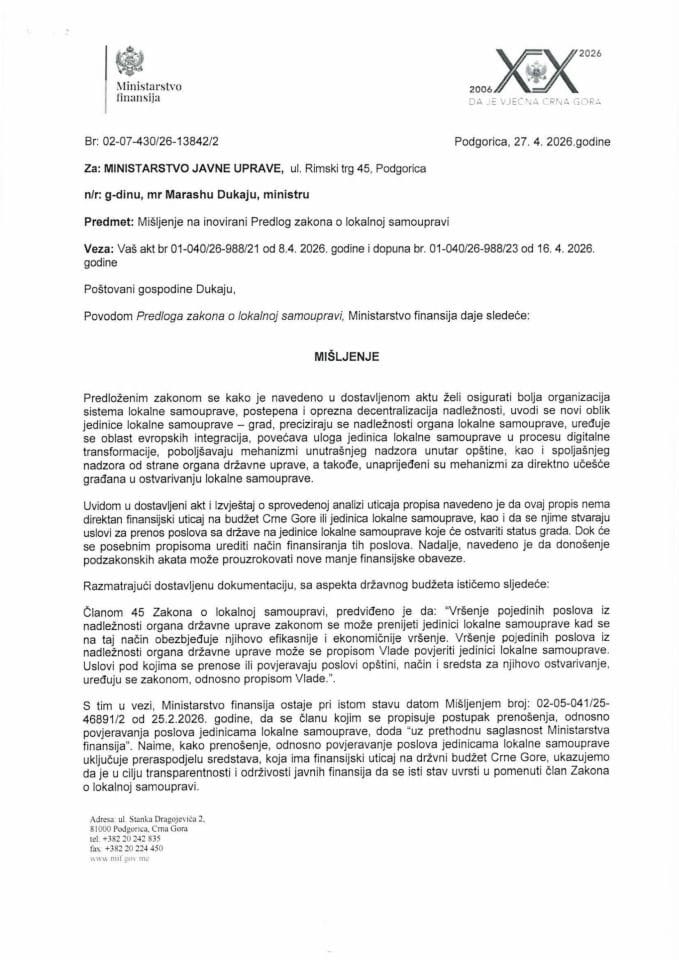 Mišljenje na Predlog zakona  o lokalnoj samoupravi