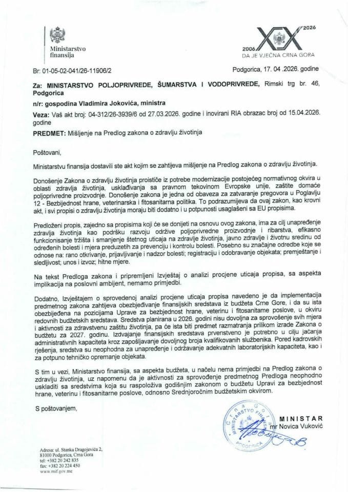 Mišljenje na Predlog zakona o zdravlju životinja
