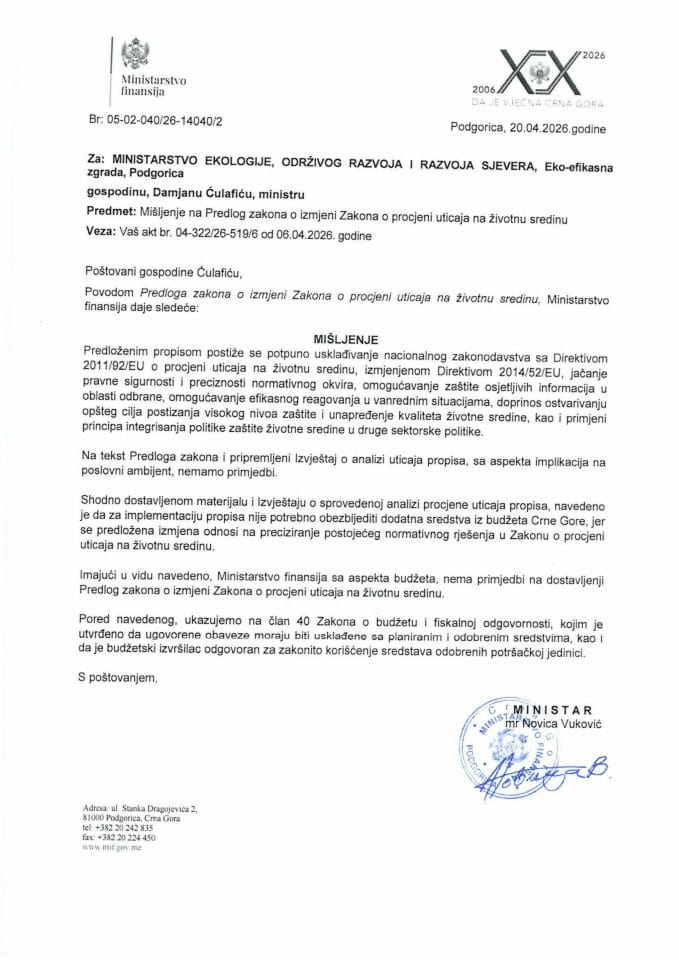Mišljenje na Predlog zakona o izmjeni Zakona o procjeni uticaja na životnu sredinu