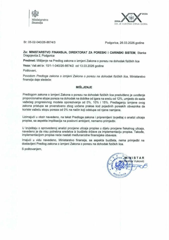 Mišljenje na Predlog zakona o izmjeni Zakona na dohodak fizičkih lica