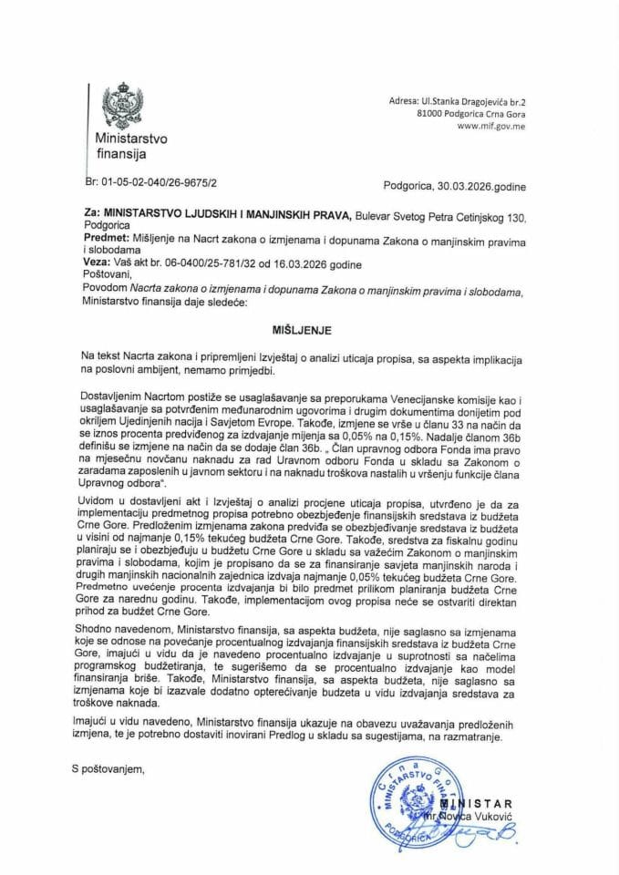 Mišljenje na Predlog zakona o izmjenama i dopunama Zakona o manjinskim pravima i slobodama