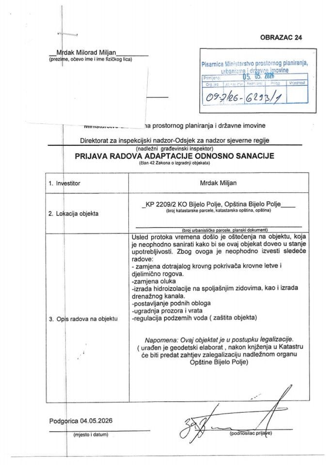 Prijava radova adaptacije - 09-7-26-6293-1 MRDAK MILJAN