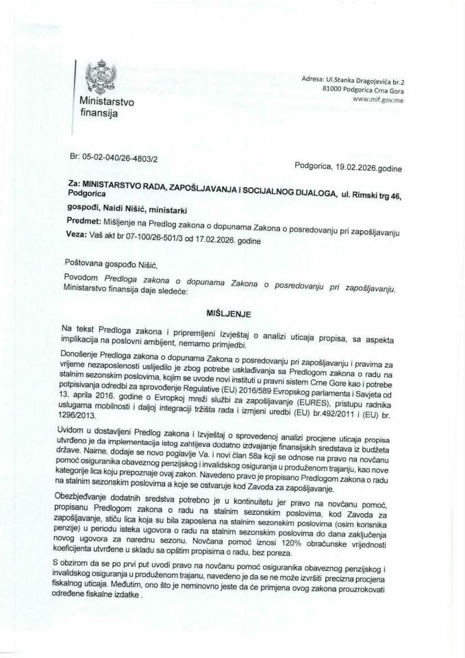 Mišljenje na Predlog zakona o dopunama Zakona o posredovanju pri zapošljavanju i pravima za vrijeme nezaposlenosti