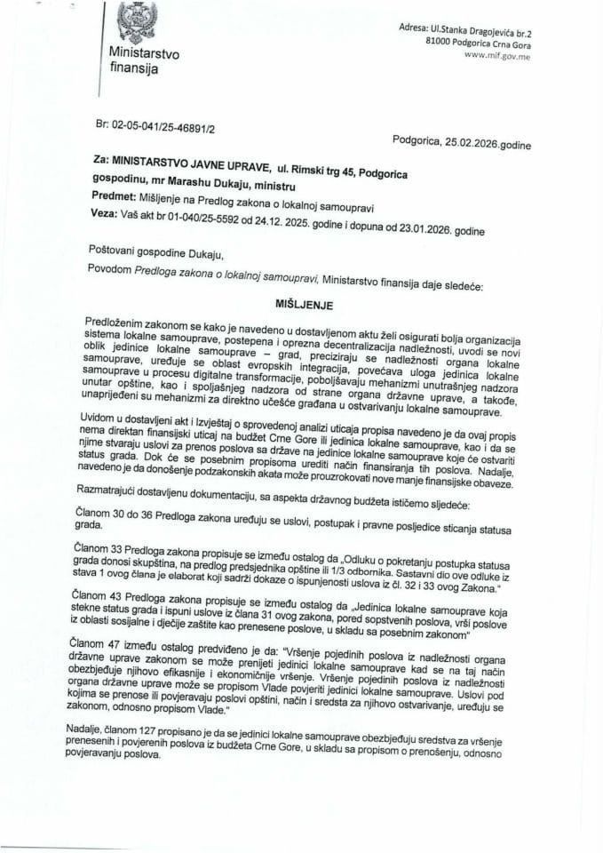 Mišljenje na Predlog zakona o lokalnoj samoupravi