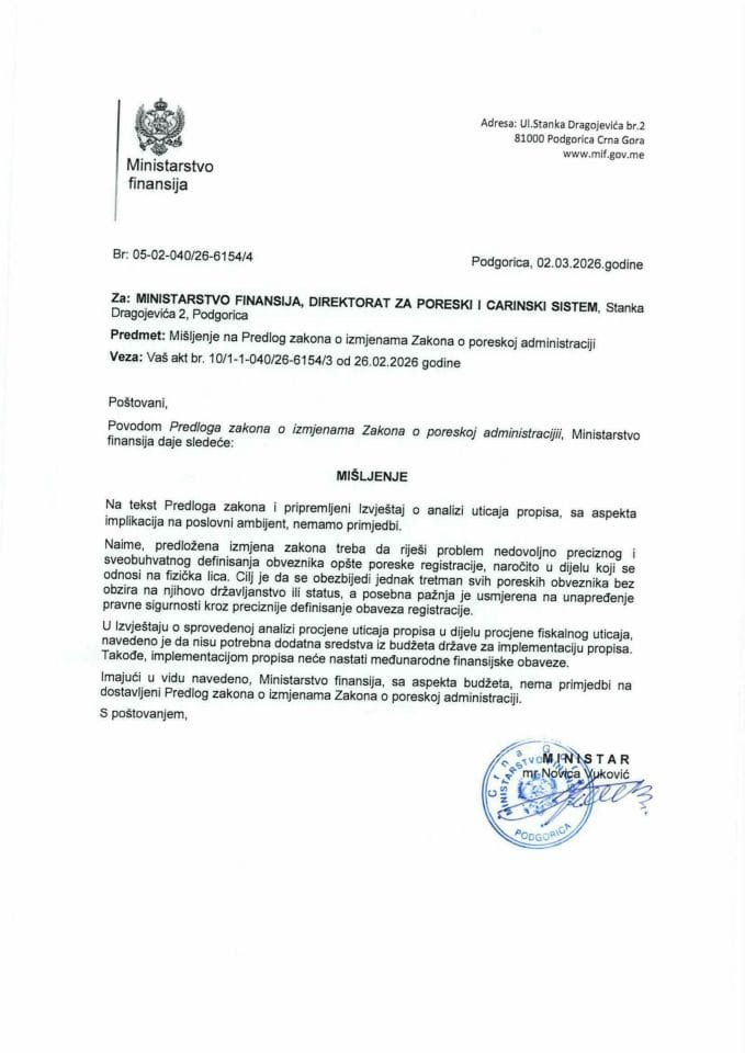 Mišljenje na Predlog zakona o poreskoj administraciji