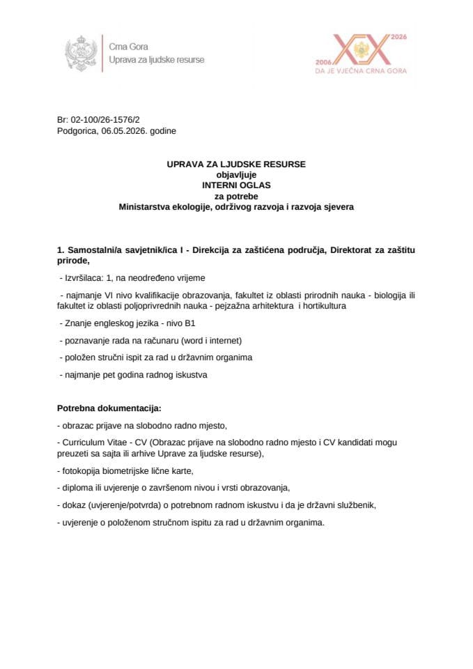 Interni oglas broj 02-100 26-1576 2