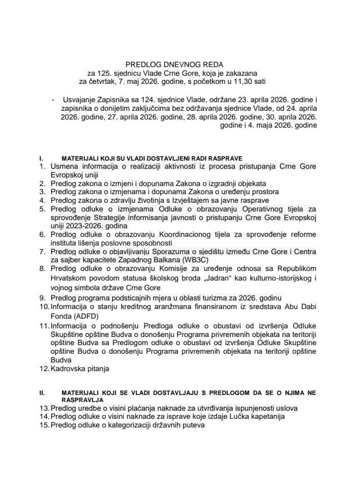 Predlog dnevnog reda za 125. sjednicu Vlade Crne Gore