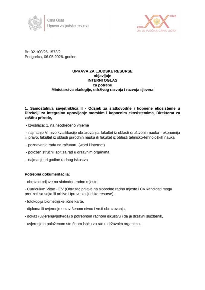 Interni oglas broj 02-100 26-1573 2