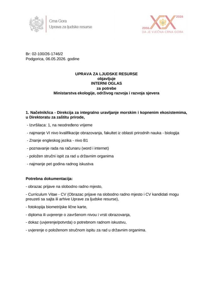 Interni oglas broj 02-100 26-1746 2