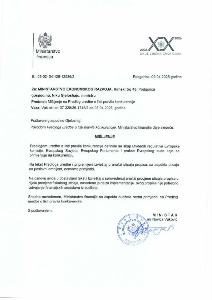 Mišljenje na Predlog uredbe o listi pravila konkurencije